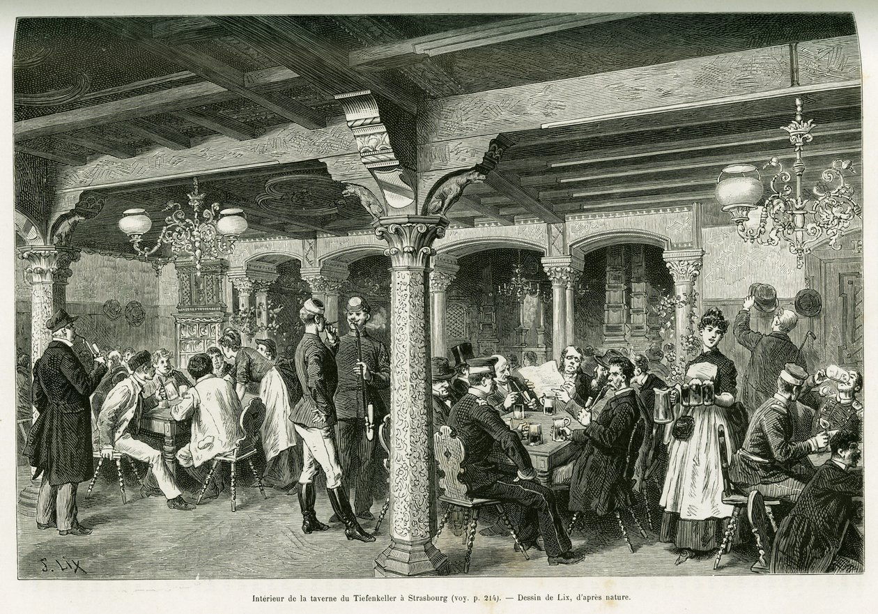 Interiér taverny Tiefenkeller ve Štrasburku. Rytina od Lixe, k ilustraci příběhu A Through Alsace and Lorraine, v roce 1887, Charles Grad, německý zástupce, v tour du monde 1888, režie Edouard Charton (1807-1890), Hachette, Paříž. od Frederic Theodore Lix