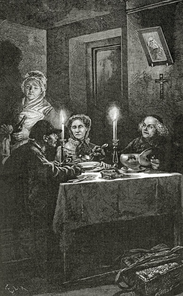 Jeana Valjeana přijímá a stará se o něj biskup Myriel, 19. století (č. rytina) od Frederic Theodore Lix