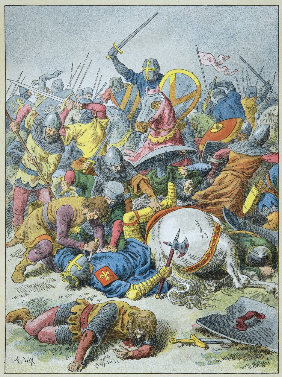 Král Philip Auguste v bitvě u Bouvines v roce 1214 (rytina) od Frederic Theodore Lix