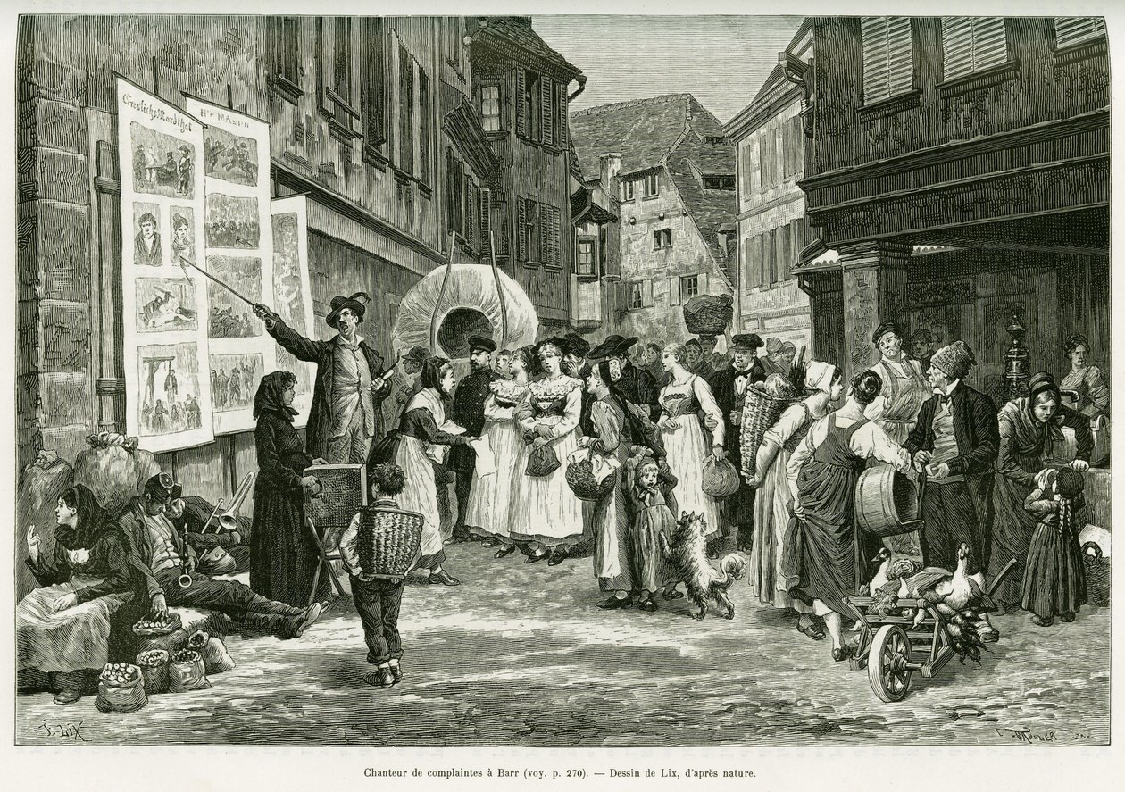 Lament zpěvák v ulicích Barr. Rytina od Lixe, k ilustraci příběhu A Through Alsace and Lorraine, v roce 1887, Charles Grad, německý zástupce, v tour du monde 1888, režie Edouard Charton (1807-1890), Hachette, Paříž. od Frederic Theodore Lix