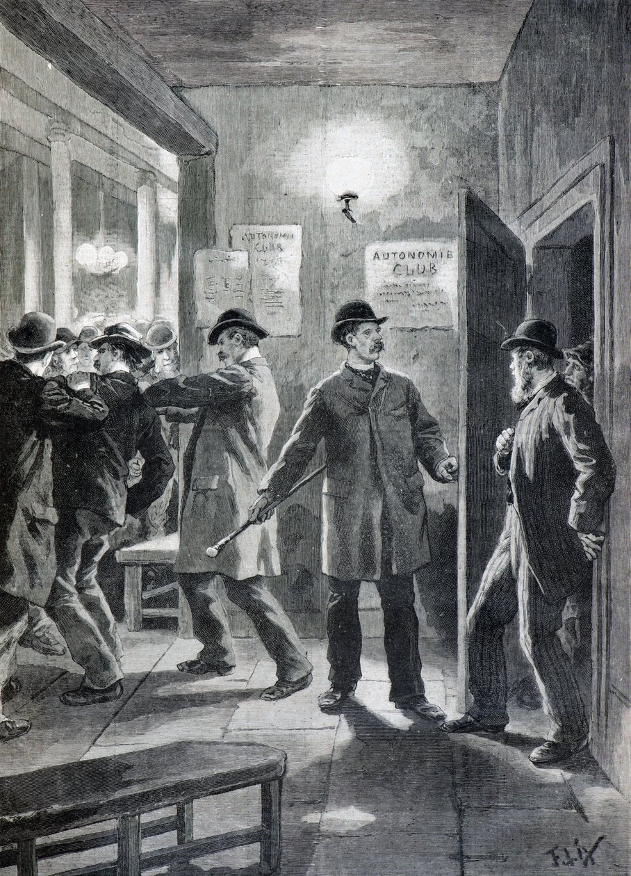 Policejní razie v anarchistickém klubu, Londýn od Frederic Theodore Lix