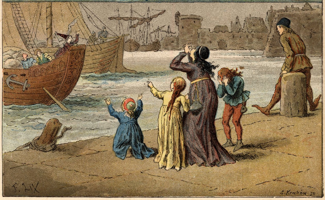 Populární píseň: „A Nantes est coming““. Děti truchlí nad svým mořem, které odnesl námořník. Ilustrace (detail) Frederica Theodora Lixe (1830-1897) v „“ Chansons et rounds enfantines des provincis de la France““ od Frederic Theodore Lix