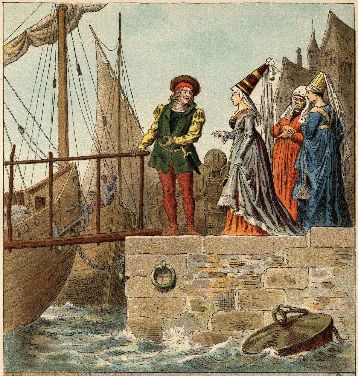 Populární píseň: „A Nantes is coming““. Ilustrace (detail) Frederica Theodora Lixe (1830-1897) v „“Dětské písně a kolečka z provincií Francie““ od Frederic Theodore Lix