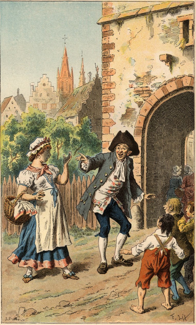 Populární píseň: „A Paris y a-t-une dame““. Muž si dělá legraci ze služebné, takže je obličej pokrytý leskem. Ilustrace Frederica Theodora Lixe (1830-1897) v „“ Chansons et rounds enfantines des provincis de la France““ od Frederic Theodore Lix
