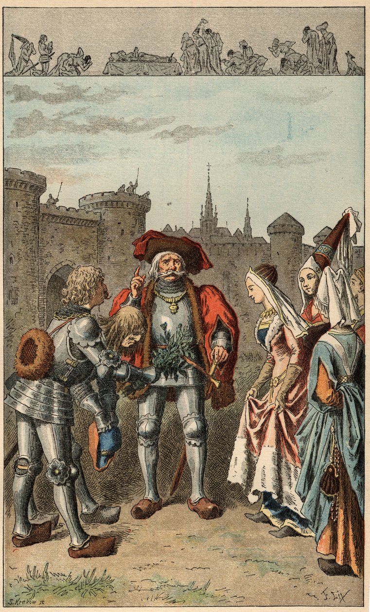 Populární píseň: „Byla to Anna Bretaňská““. Francouzská královna Anna Bretaňská (1477-1514), přijíždějící do Rennes, dostává kytici verbeny. Ilustrace Frederica Theodora Lixe (1830-1897) v „“Dětské písně a kolečka z provincií Francie““ od Frederic Theodore Lix