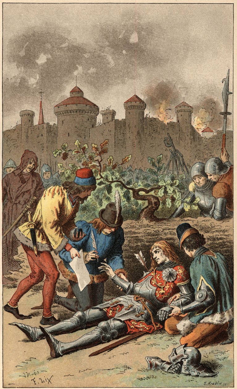 Populární píseň: „Byl to velkovévoda z Maine““. Smrt vévody z Maine, probodnutý šípem. Ilustrace Frederica Theodora Lixe (1830-1897) v „“ Chansons et rounds enfantines des provincis de la France““ od Frederic Theodore Lix