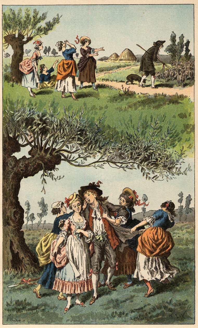Populární píseň: „Byly jsme tři dívky““. Ilustrace Frederica Theodora Lixe (1830-1897) v „“Dětské písně a kolečka z provincií Francie““ od Frederic Theodore Lix