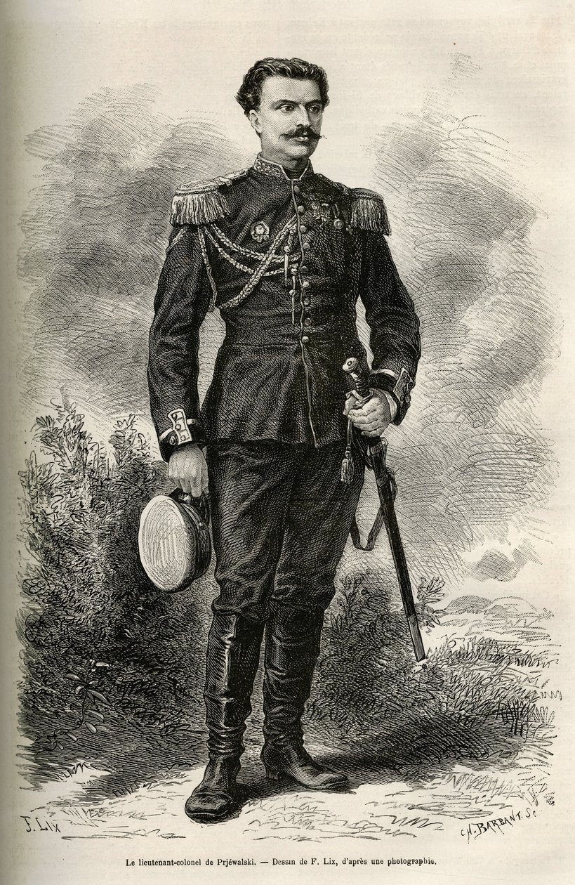 Portrét cestovatele a vypravěče podplukovníka Prjewalského, kresba F. Lixe k ilustraci cesty do Mongolska a země Tangutů v letech 1870 až 1873, od podplukovníka Prjewalského. Rytina v Le tour du monde od Frederic Theodore Lix