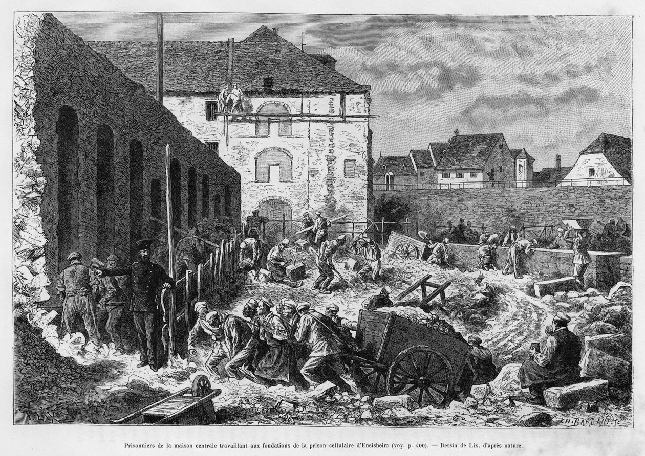 Vězni centrálního domu pracující na základech cely Ensisheim. Rytina od Lixe k ilustraci příběhu A travers l