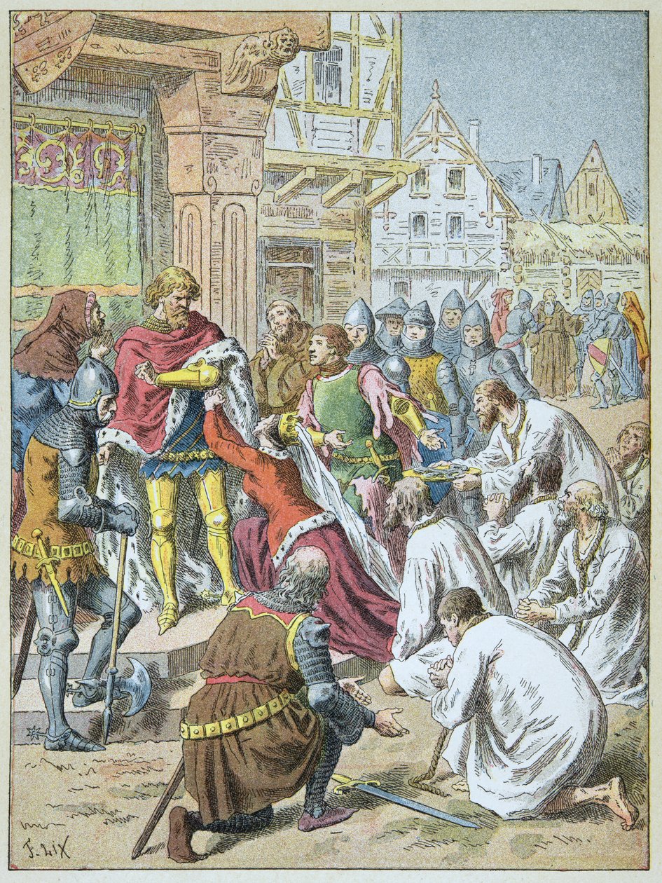Obléhání Calais Edwardem III. v letech 1346 - 1347. Královna Filipa de Hainaut prosila svého ženicha, aby udělil měšťanům z Calais. od Frederic Theodore Lix