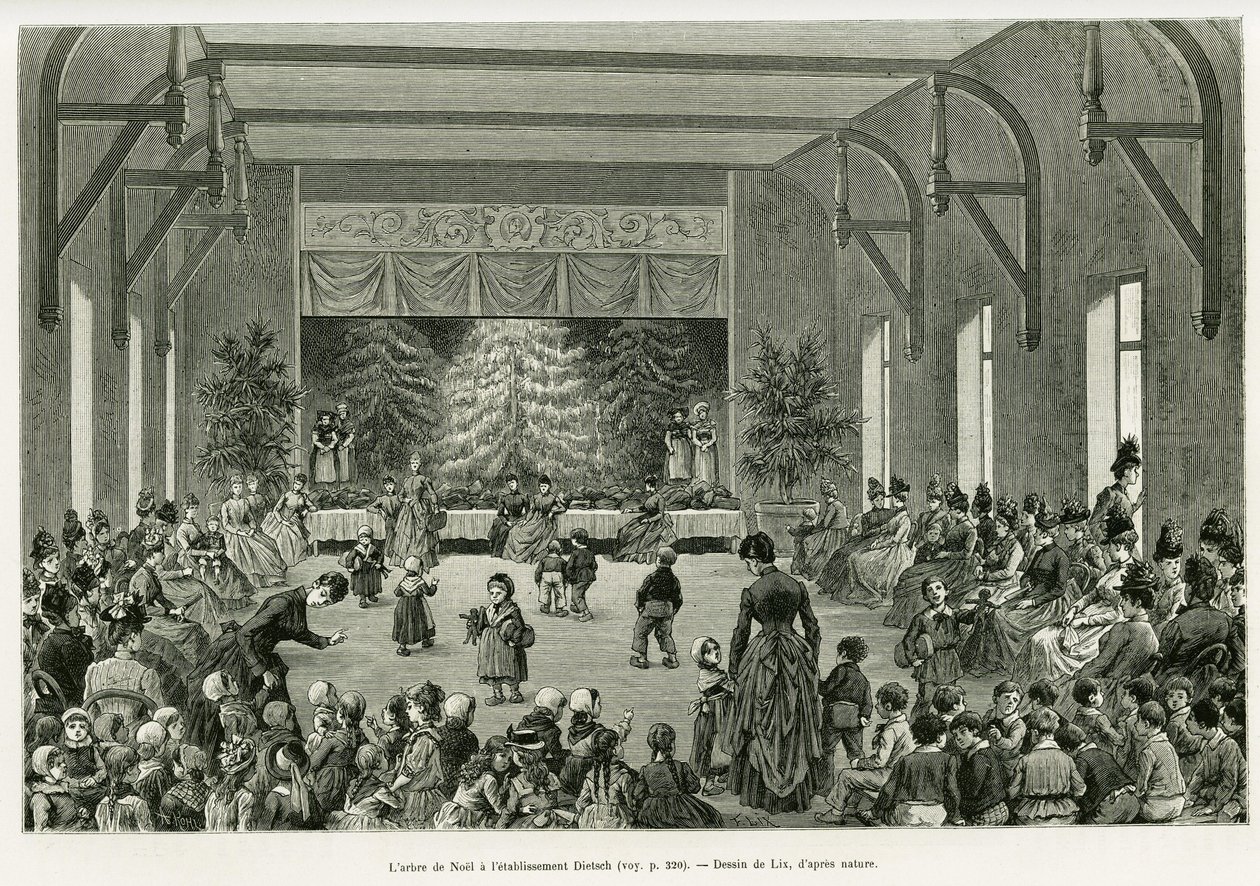 Vánoční strom v provozovně Dietsch. Rytina od Lixe, k ilustraci příběhu A Through Alsace and Lorraine, v roce 1887, Charles Grad, německý zástupce, v tour du monde 1888, režie Edouard Charton (1807-1890), Hachette, Paříž. od Frederic Theodore Lix