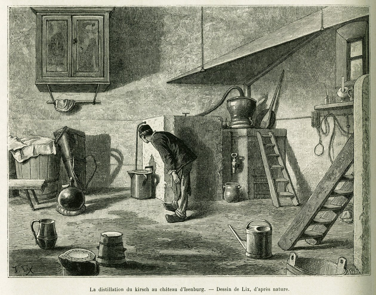 Destilace třešně na zámku Isenburg. Rytina od Lixe, k ilustraci příběhu A Through Alsace and Lorraine, v roce 1887, Charles Grad, německý zástupce, v tour du monde 1888, režie Edouard Charton (1807-1890), Hachette, Paříž. od Frederic Theodore Lix