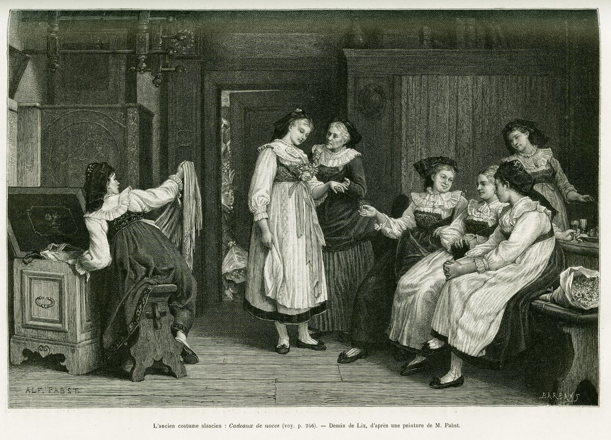Starý alsaský kostým. Rytina od Lixe, podle obrazu Present de Noces od Pabsta, k ilustraci příběhu A Through Alsasko a Lotrinsko, od Charlese Grada, německého zástupce, v roce 1885, v tour du monde 1887, pod vedením Edouarda Chartona (1807 od Frederic Theodore Lix