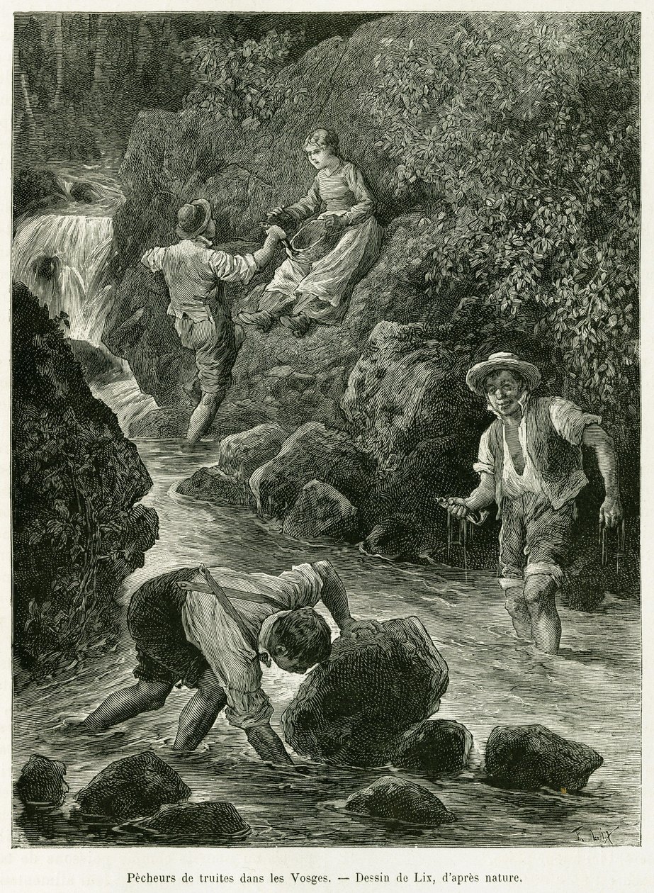Rybáři pstruhů ve Vogézách. Rytina od Lixe, k ilustraci příběhu A Through Alsace and Lorraine, Charles Grad, německý zástupce, v roce 1885, v tour du monde 1887, pod vedením Edouarda Chartona (1807-1890), Hachette, Paříž. od Frederic Theodore Lix
