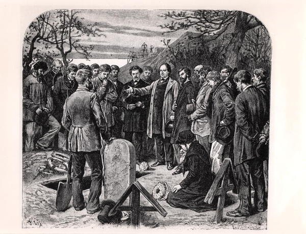 Victor Hugo (1802-85) na Guernsey pronáší pohřební řeč společníka v exilu, kolem roku 1880 (rytina) (čb foto) od Frederic Theodore Lix