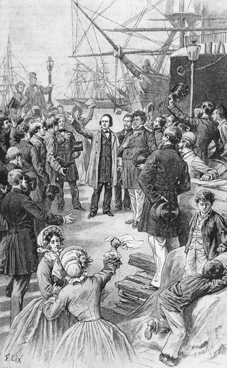 Victor Hugo (1802-85) se loučí se svými přáteli a příznivci v Antverpách dne 1. srpna 1852, kolem roku 1885 od Frederic Theodore Lix