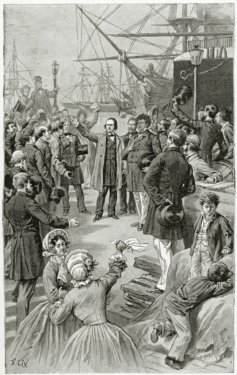 Victor Hugo během projevu v exilu 1. srpna 1852 volá po všeobecné republice, 19. století (čb rytina) od Frederic Theodore Lix
