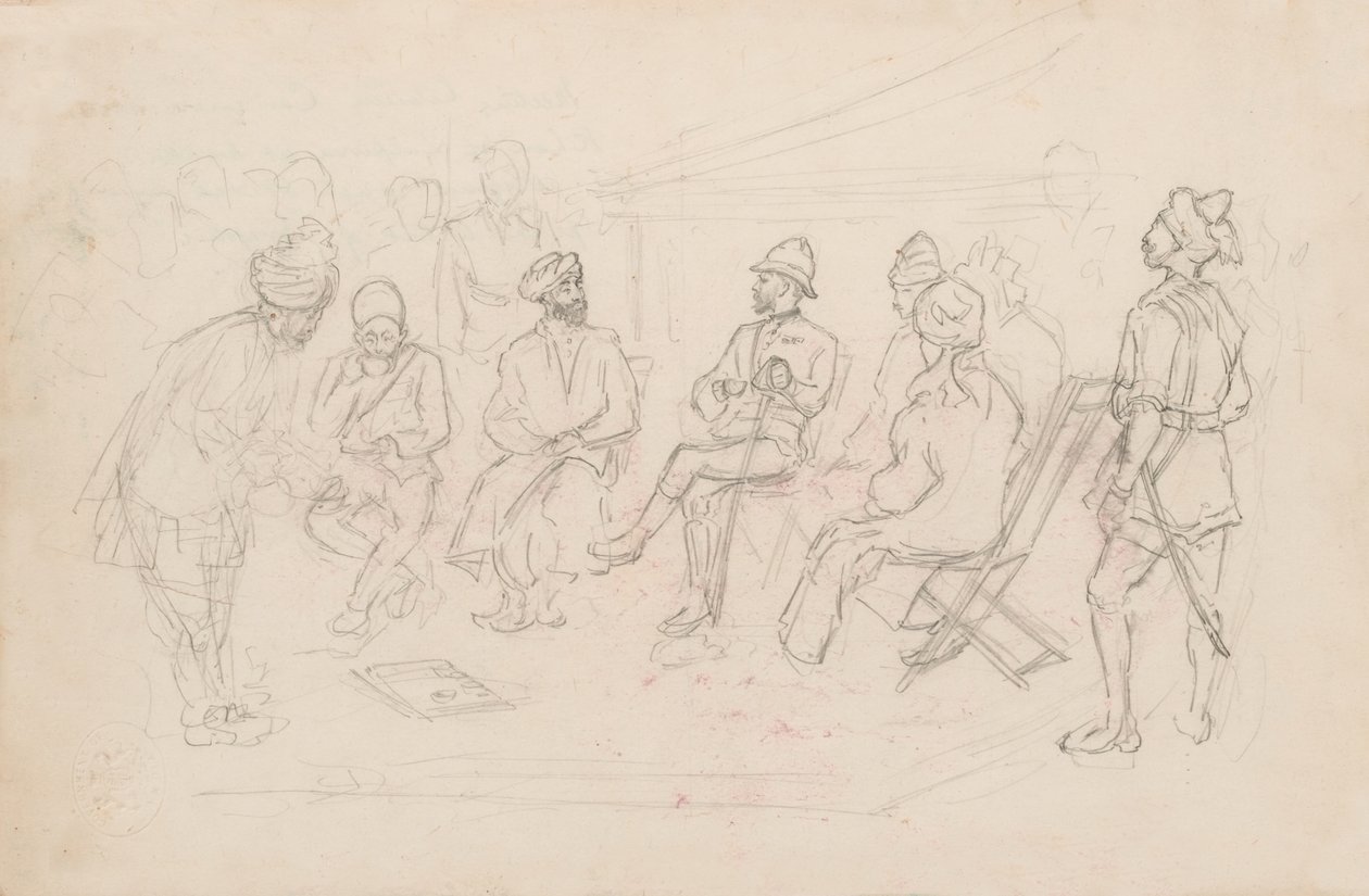„Setkání mezi Cavagnari a chánem z Lalpury v Dakce v únoru 1879“ (tužka) od Frederic Villiers