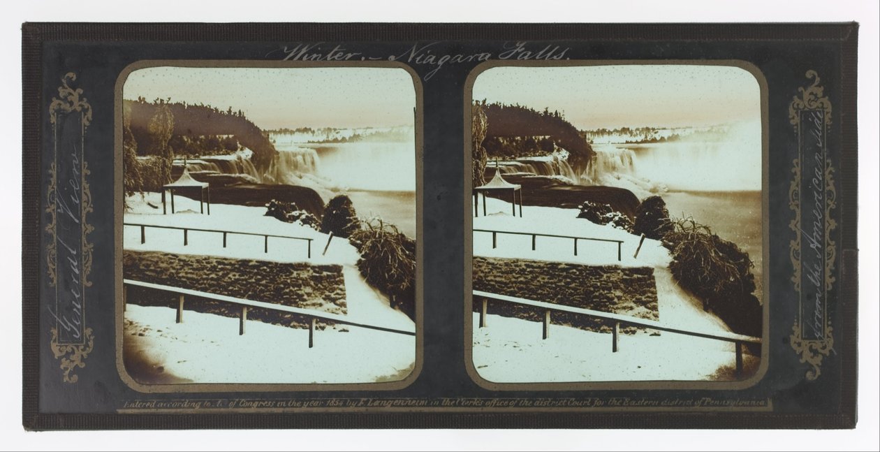 Zimní Niagarské vodopády, celkový pohled z americké strany od Frederic and William Langenheim