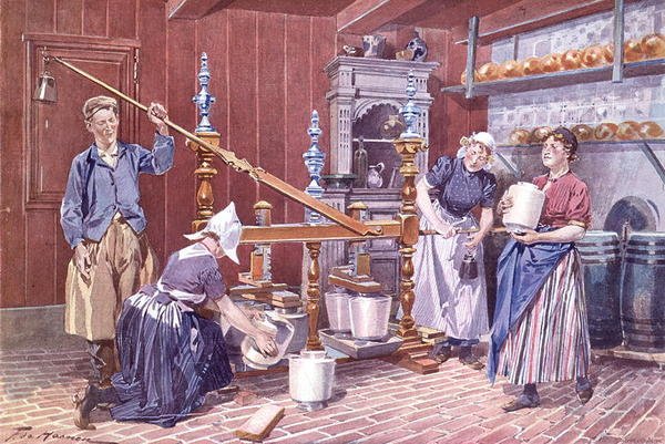 Výroba sýrů v Holandsku, cca 1900 (barevné lito) od Frederic de Haenen