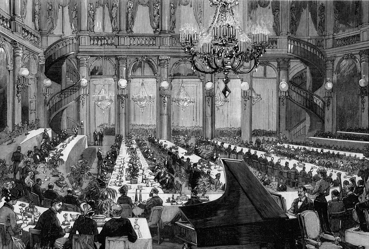 Večerní koncert ve slavnostním sále Grand Hotel de Paris. Gravírování od De Haenena v „“The Illustrous World”” č. 1250 z 12. března 1881. od Frederic de Haenen