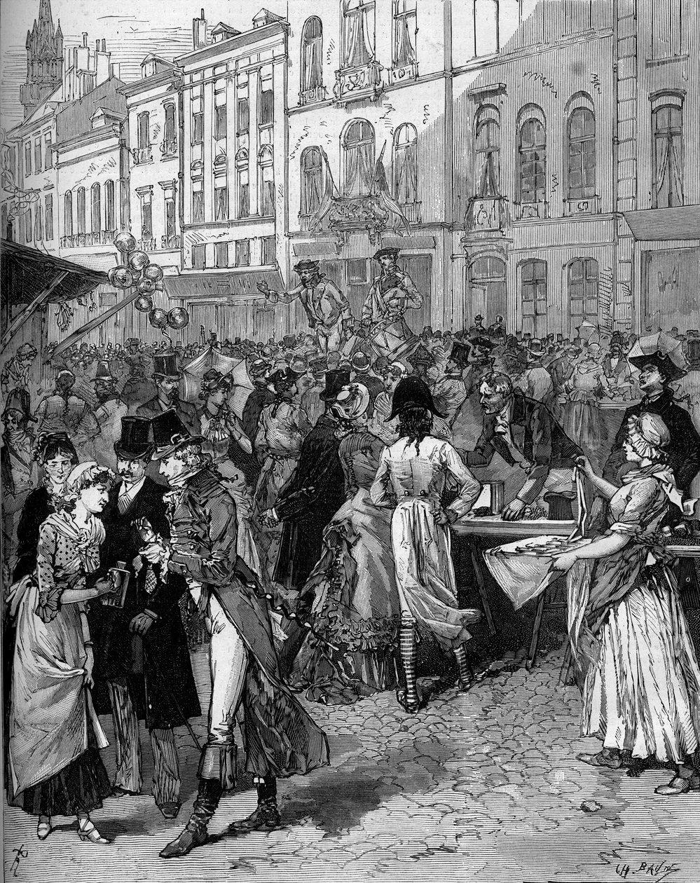 Historická oslava připomenutí si obléhání Lille v roce 1792: Braderie Watteau (velký jarmark) v ulicích města s módními obyvateli 18. století. Rytina od De Haenena v „“ Le Monde Illustré““ č. 1334 z 21. října od Frederic de Haenen