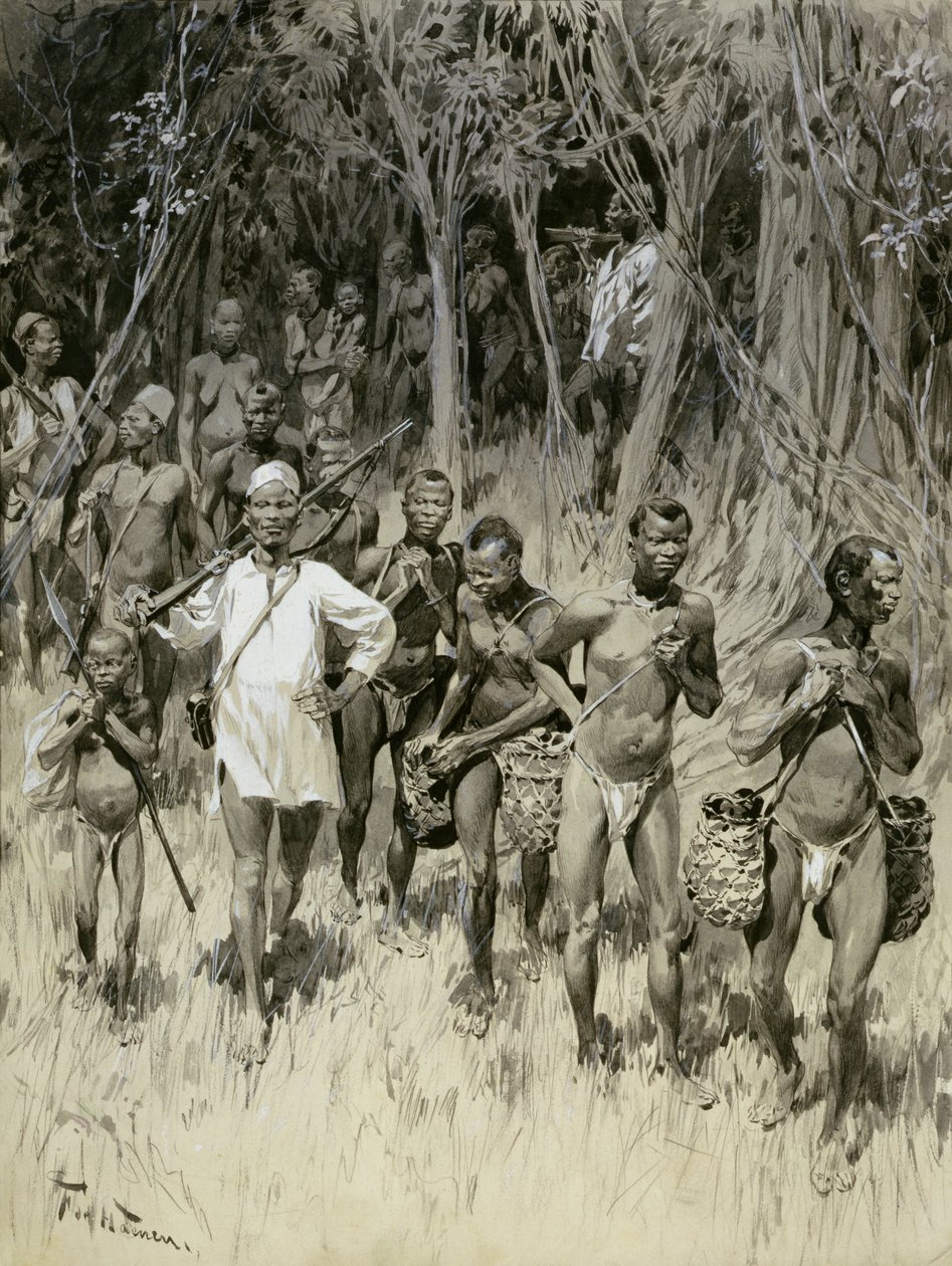 „Jak běloch obchoduje ve státě Kongo: přinášení gumy a rukojmí“ (monochromatický výtisk karty) od Frederic de Haenen