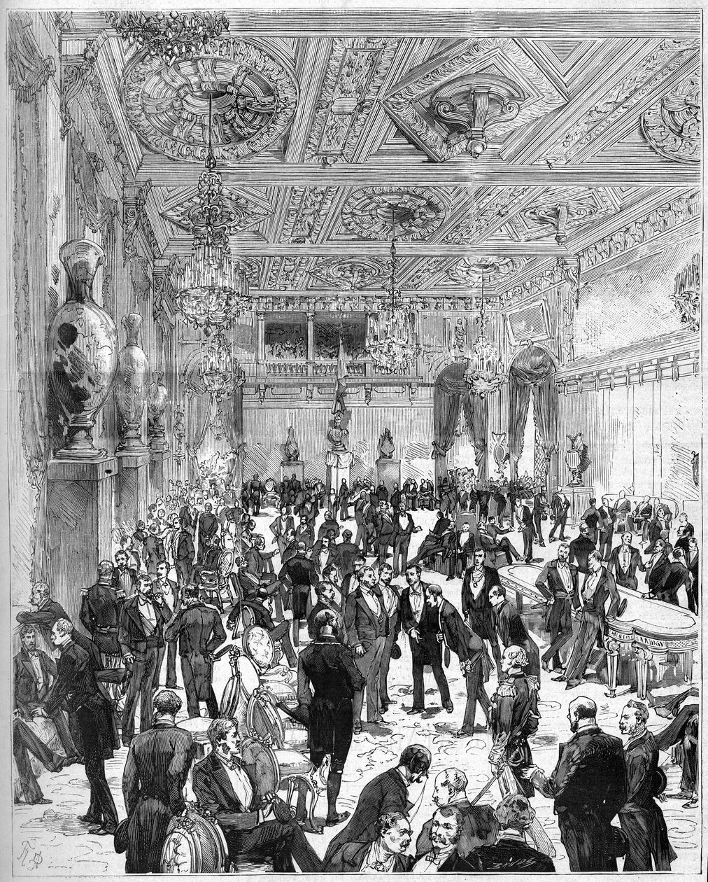 Inaugurace hotelu de Ville de Paris dne 14. července 1882, přestavěného po požáru v roce 1871: pohled do místnosti městské rady při příjezdu prezidenta Julese Grevyho (1807-1891). Rytina De Haenen a Dosso v „“The Illustrous World”” č. 1321 z 22. července od Frederic de Haenen