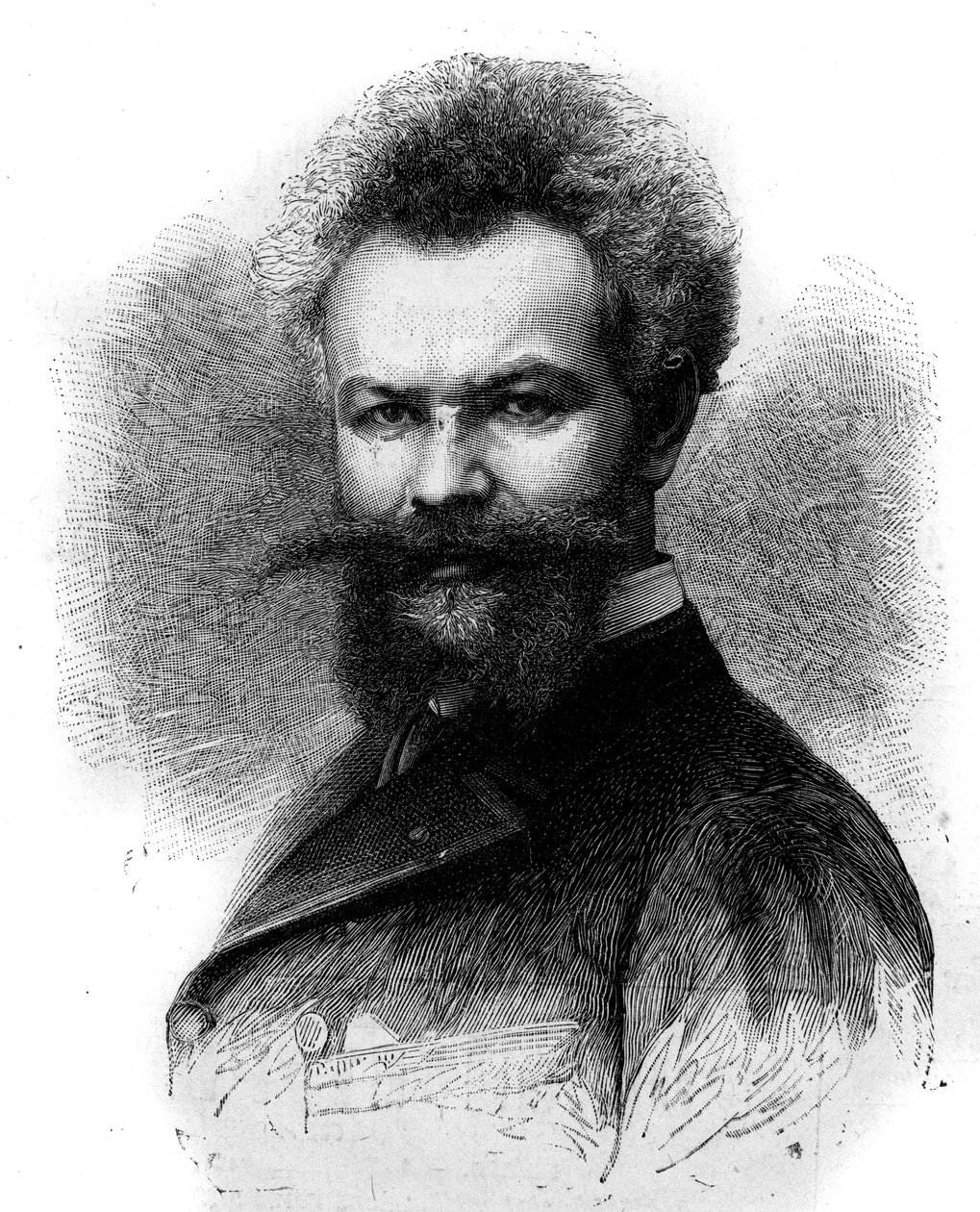 Portrét Mihaly Munkacsy (1844-1900), maďarského malíře. Rytina v „“ Le Monde Illustré““ č. 1306 z 8. dubna 1882. od Frederic de Haenen