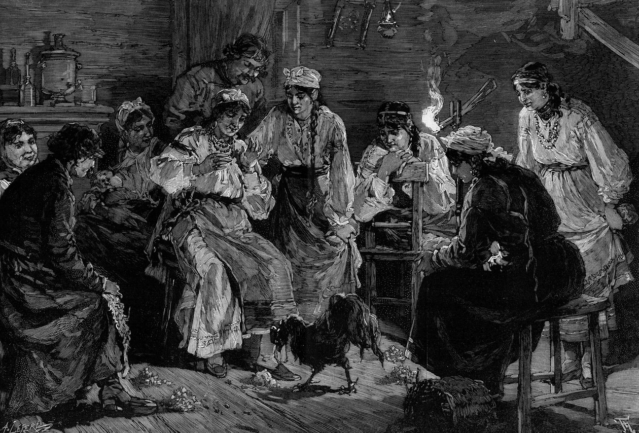 Ruský zvyk: horoskop kohouta. Na Silvestra jim mladé dívky, které se mají vdávat, kladou jídlo k nohám. Ten, jehož kohout vybere návnadu jako první, se v roce ožení. Gravírování od De Haenena v „“The Illustrous World”” č. 1241 z 8. ledna 188 od Frederic de Haenen