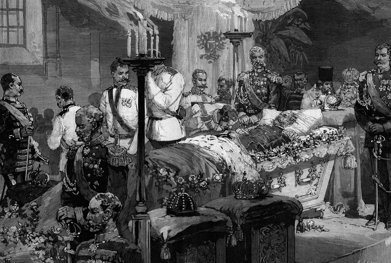 Vojáci bitevního pluku Alexandra II. (1818-1881) jdou políbit ruku zesnulému carovi v katedrále svatého Petra a Pavla z Petrohradu (St. Petersburg) od Frederic de Haenen