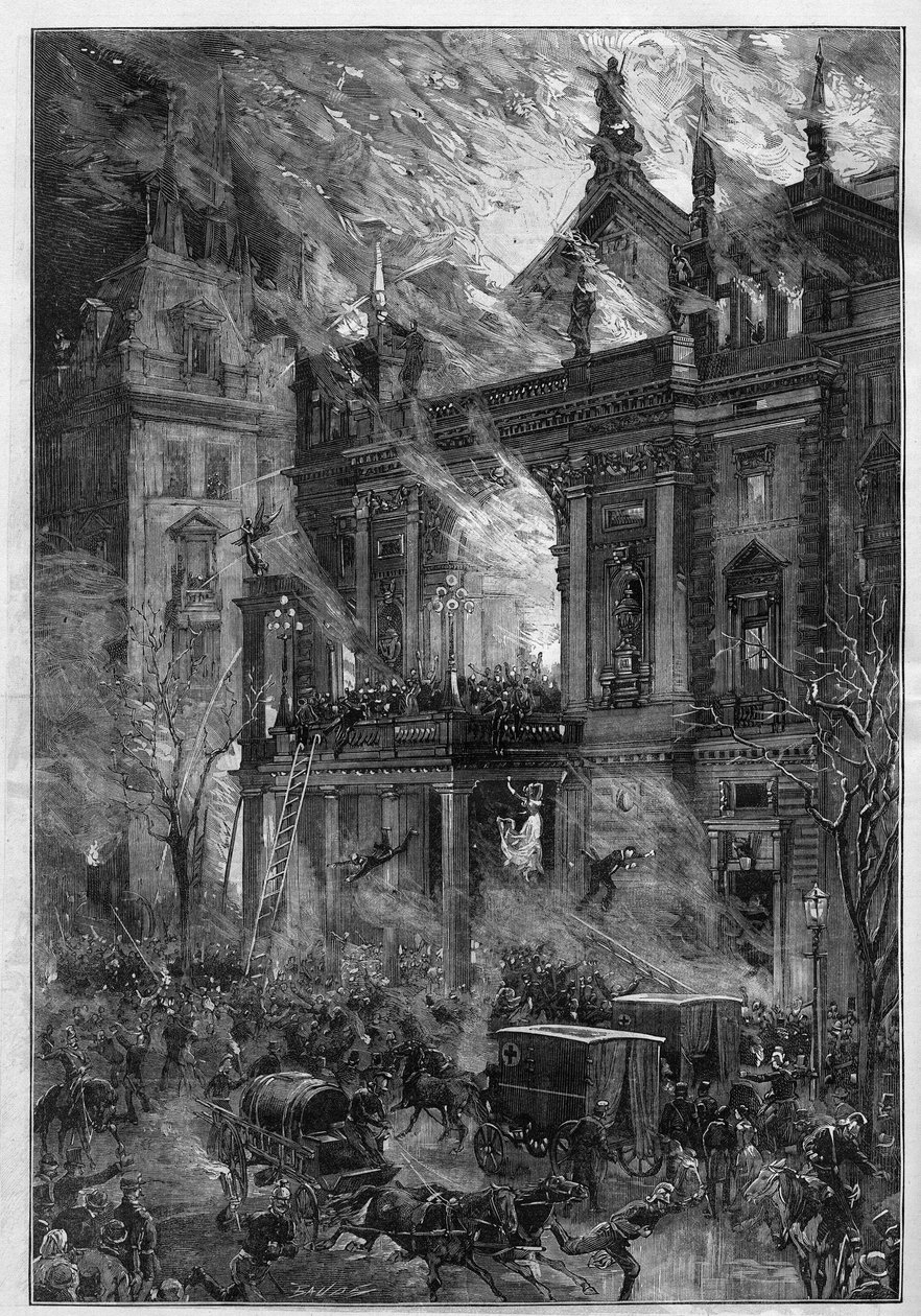 Požár opery Wiener Ringtheater ve Vídni (Rakousko) 5. prosince 1881. Rytina od De Haenena v „“ Le Monde Illustré““ č. 1291 z 24. prosince 1881. od Frederic de Haenen