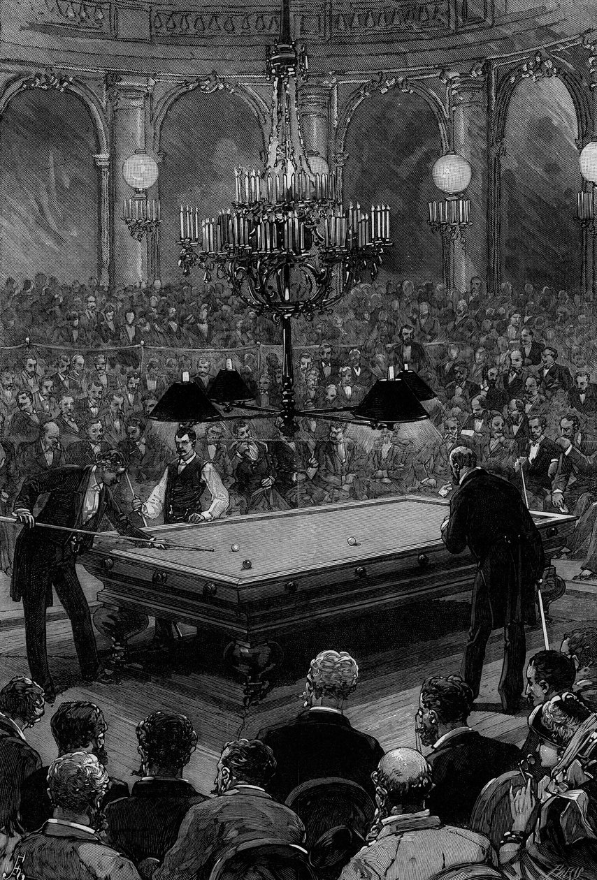 Velký mezinárodní zápas v kulečníku mezi panem Slossonem, americkým šampionem a panem Vignauxem, francouzským šampionem, v místnosti Zodiaque v Grand Hotel de Paris od Frederic de Haenen