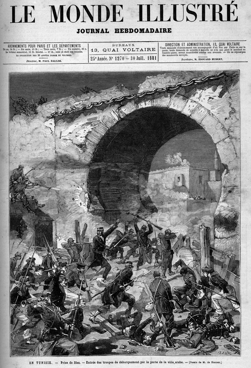 Tunisko, červenec 1881: Francouzská vojska dobyla město Stax po vzpouře obyvatel proti francouzskému protektorátu Tunisko. Rytina De Haenen. Jeden z „The Illustrous World“ č. 1270 z 30. července od Frederic de Haenen