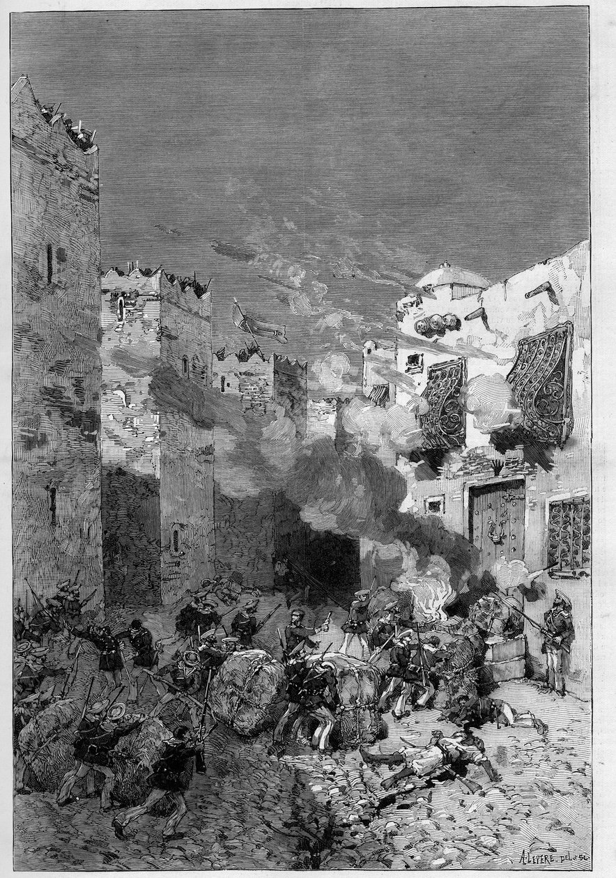 Tunisko, červenec 1881: Francouzská vojska dobyla město Stax po vzpouře obyvatel proti francouzskému protektorátu Tunisko. Námořní pušky kouří arabské domy umístěné na úpatí kasby (kasbah) - rytina De Haenen v „“ The Illust od Frederic de Haenen