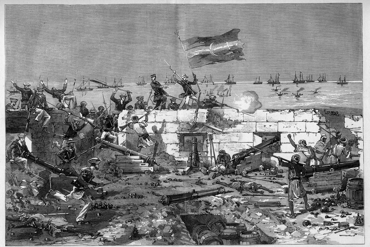Tunisko, červenec 1881: Francouzská vojska dobyla město Stax po vzpouře obyvatel proti francouzskému protektorátu Tunisko. Námořní pušky sundávají kruhovou baterii. Rytina od De Haenena v „“The Illustrous World”” č. 1273 z 20. srpna od Frederic de Haenen