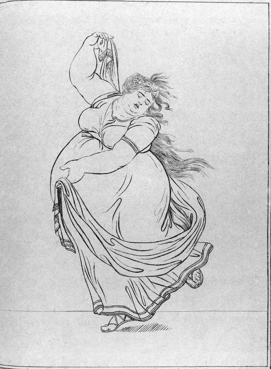 Múza tance, deska VI z nového značně rozšířeného vydání „Postoje“ lady Hamiltonové, připisované Jamesi Gillrayovi (1757-1815), vydané Hannah Humphrey, 1807 (lept na modrém papíře) od Frederich Rehberg