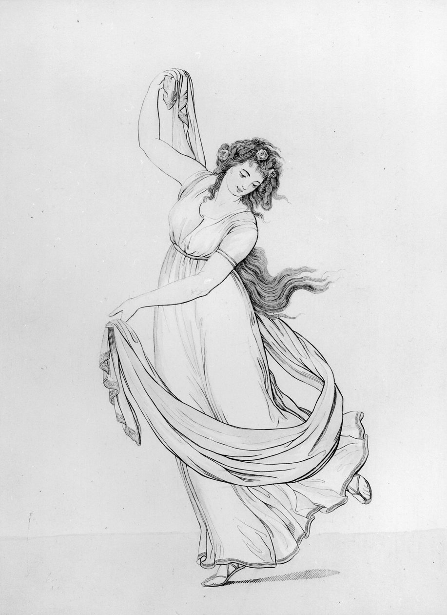 Múza tance, deska VI z „Postoje Lady Hamiltonové: Kresby věrně zkopírované z přírody“, vydal S.W.Fores, 1802 (lept na modrém papíře) (viz 137928) od Frederich Rehberg