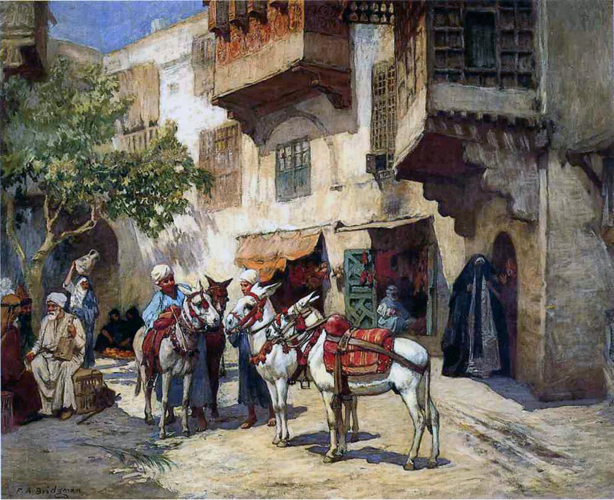 Orientální ulice s osly od Frederick Arthur Bridgman