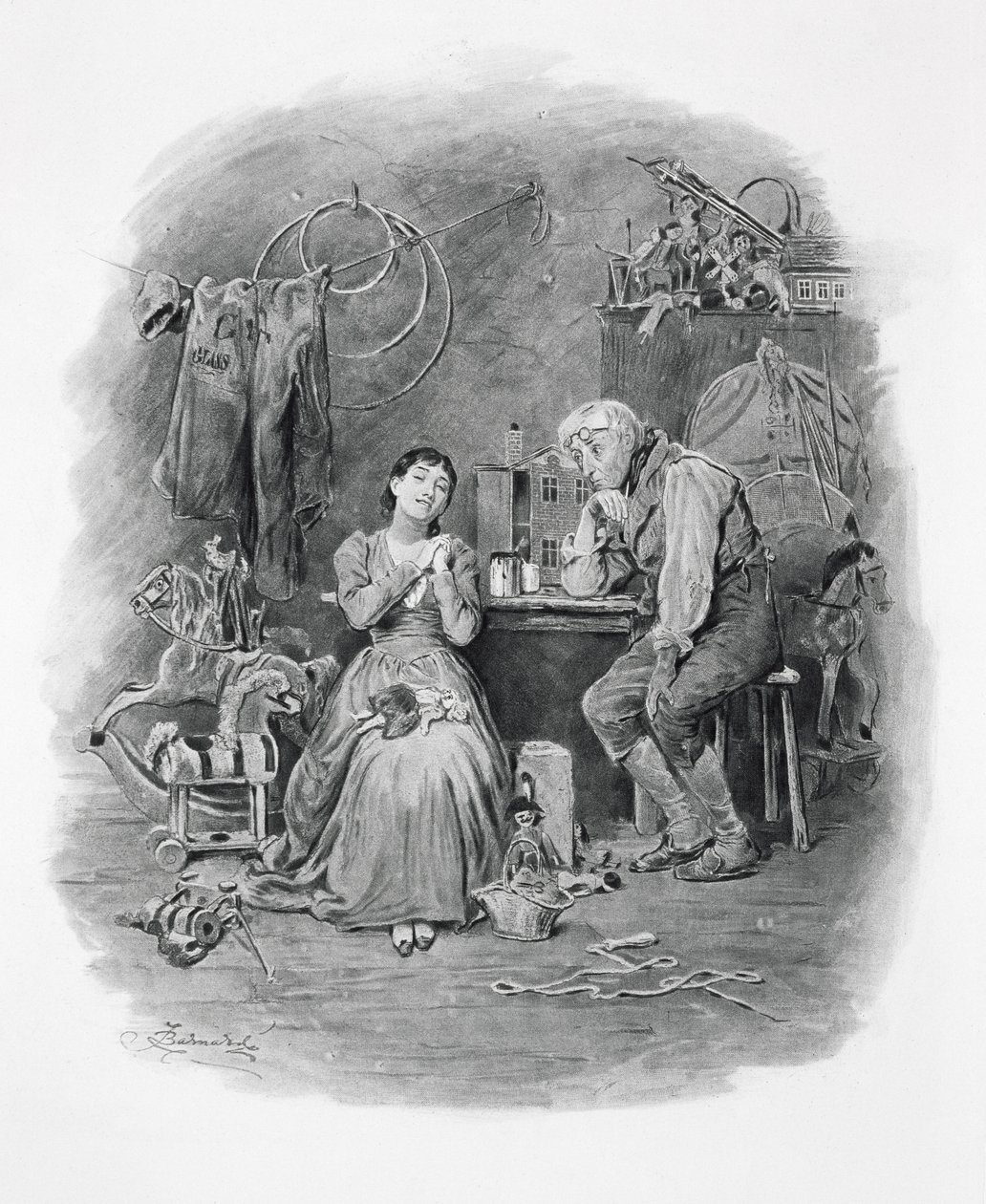 Caleb Plummer a jeho slepá dcera z knihy „Charles Dickens: Drby o jeho životě“ od Thomase Archera, vydané kolem roku 1894 od Frederick Barnard