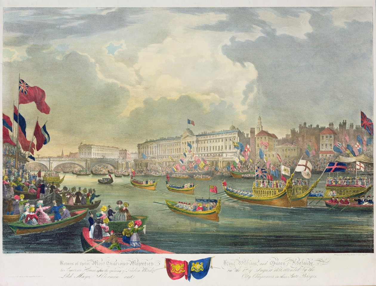 Pohled na řeku Temži během otevření londýnského mostu králem Williamem IV a královnou Adelaide, vyryl William Day (1797-1845) 1831 od Frederick Calvert