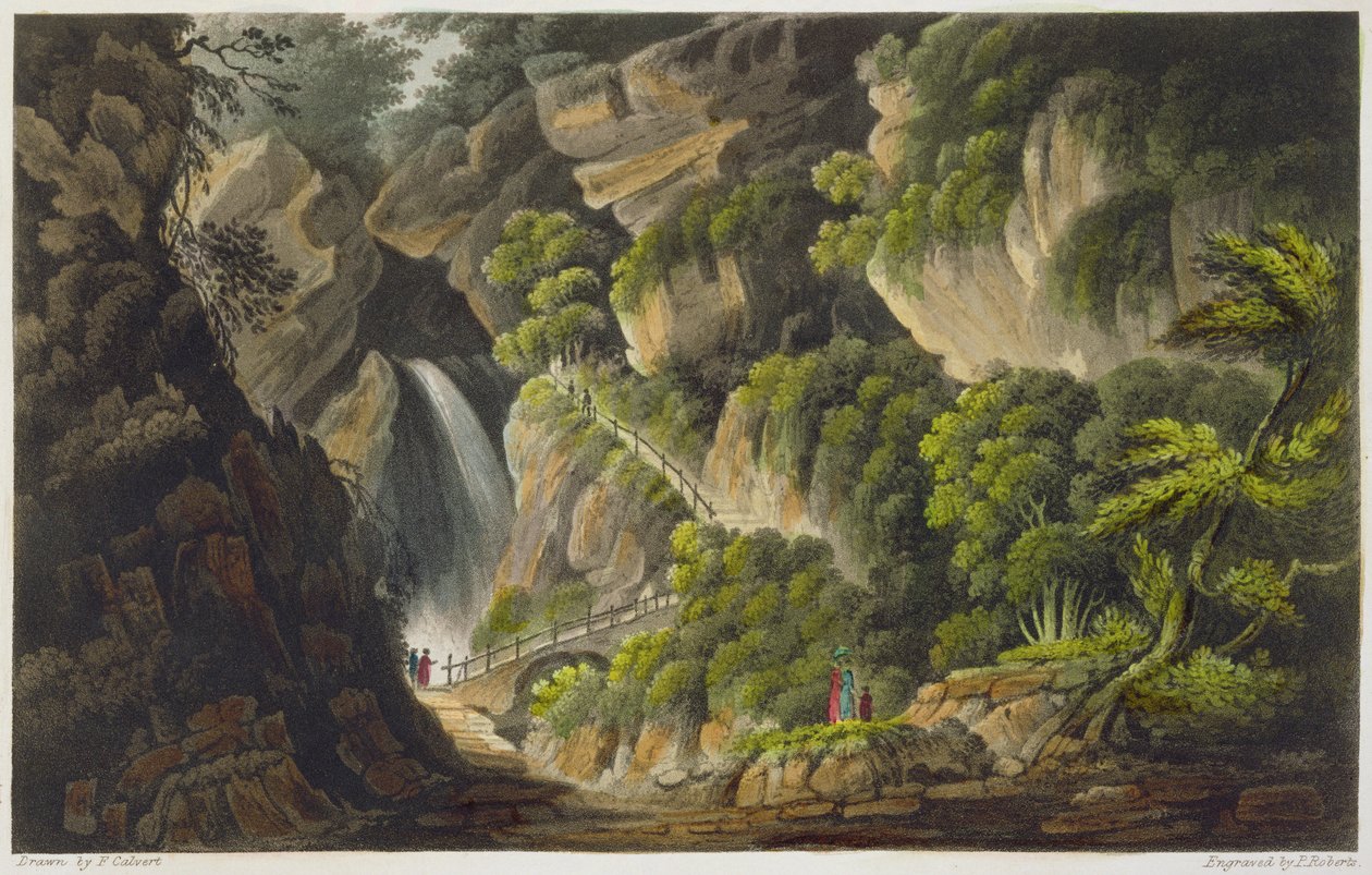 Vodopád v Shanklinu, z knihy "The Isle of Wight Illustrated, in a Series of Coloured Views", vyryl P. Roberts, vydáno 1846 (akvatinta) od Frederick Calvert