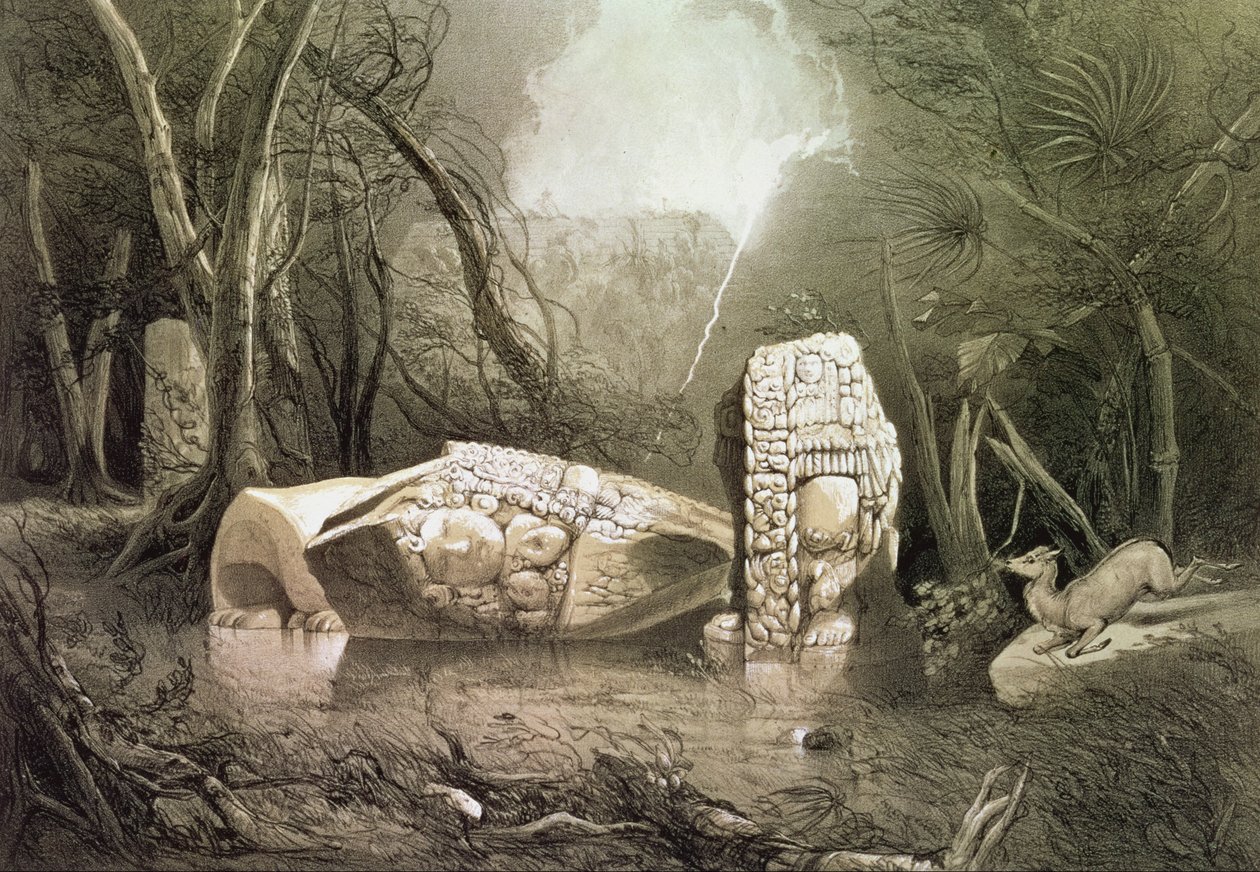 Zlomený mayský idol v Copanu v Guatemale od Frederick Catherwood