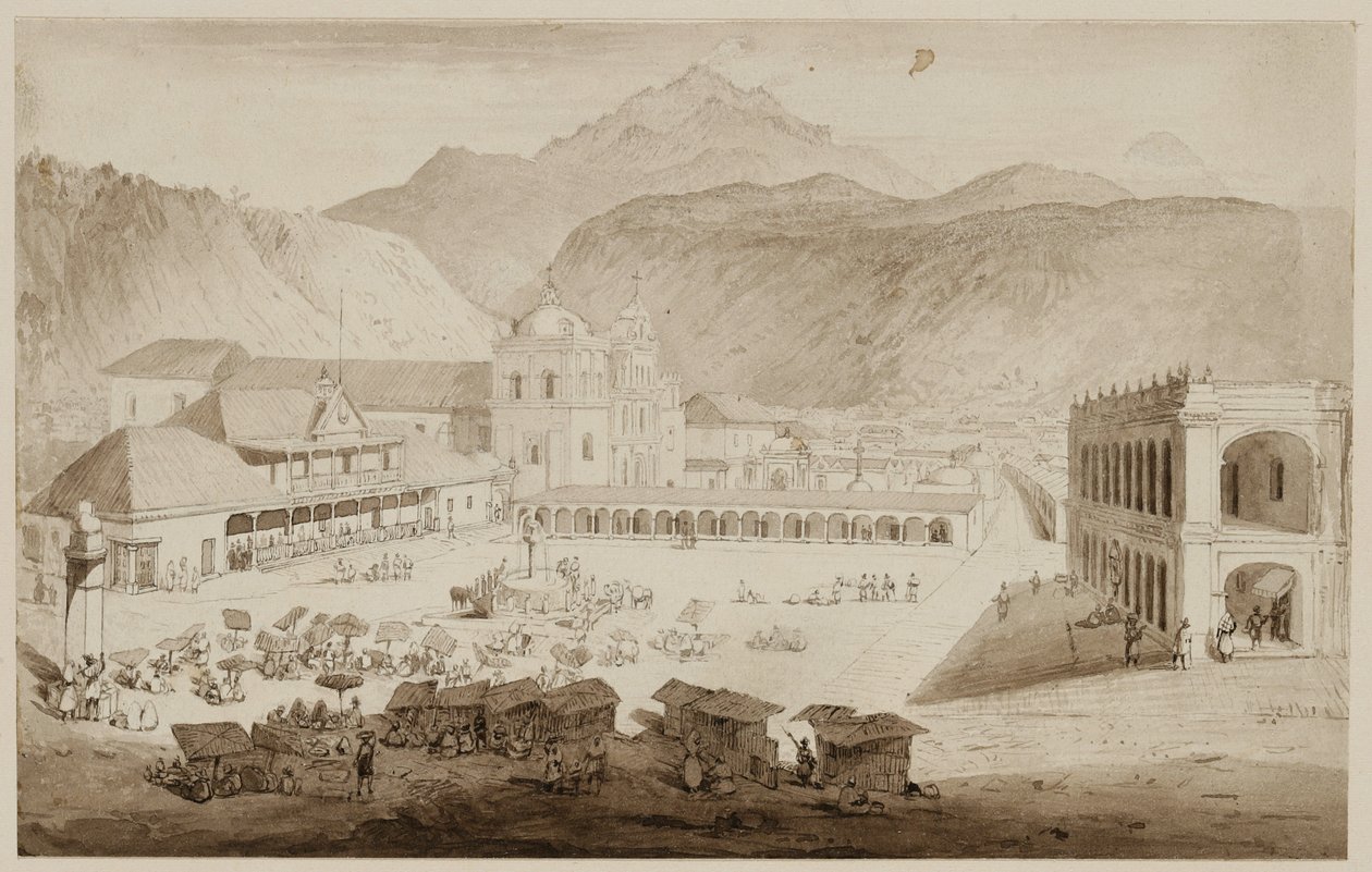 Město Quezaltenango, Střední Amerika, 1840 (pero a inkoust s mytím na krémovém papíře) od Frederick Catherwood