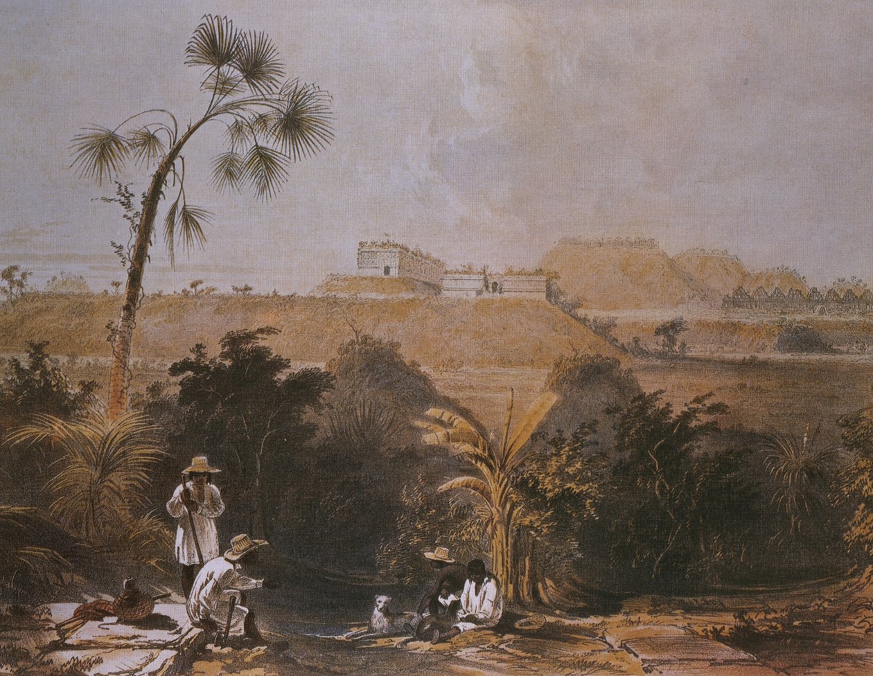 Panoramatický pohled na Uxmal, Yucatan, Mexiko, ilustrace z 