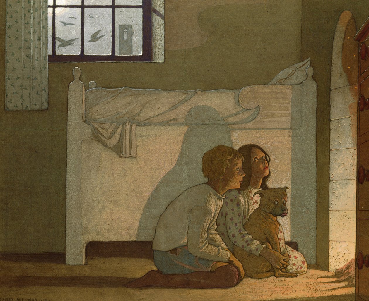 Ilustrace k Maeterlinckovu Modrému ptáku: Děti vyprávějí svá dobrodružství od Frederick Cayley Robinson