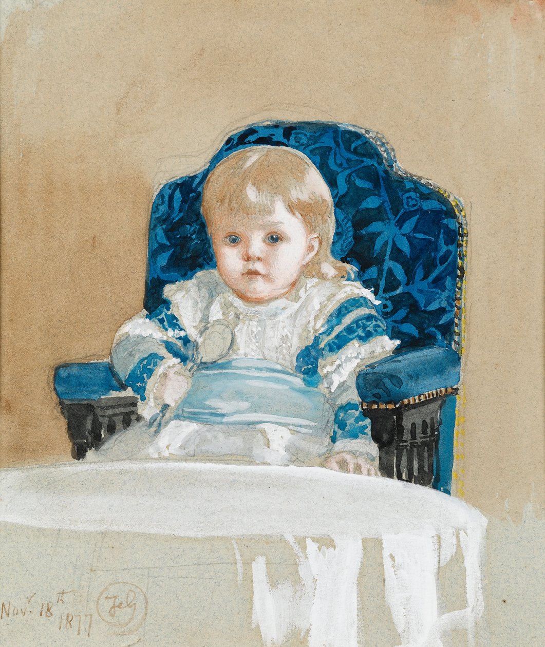 Frederica ve společenských šatech držící lžíci, 1877 (wc na papíře) od Frederick Goodall