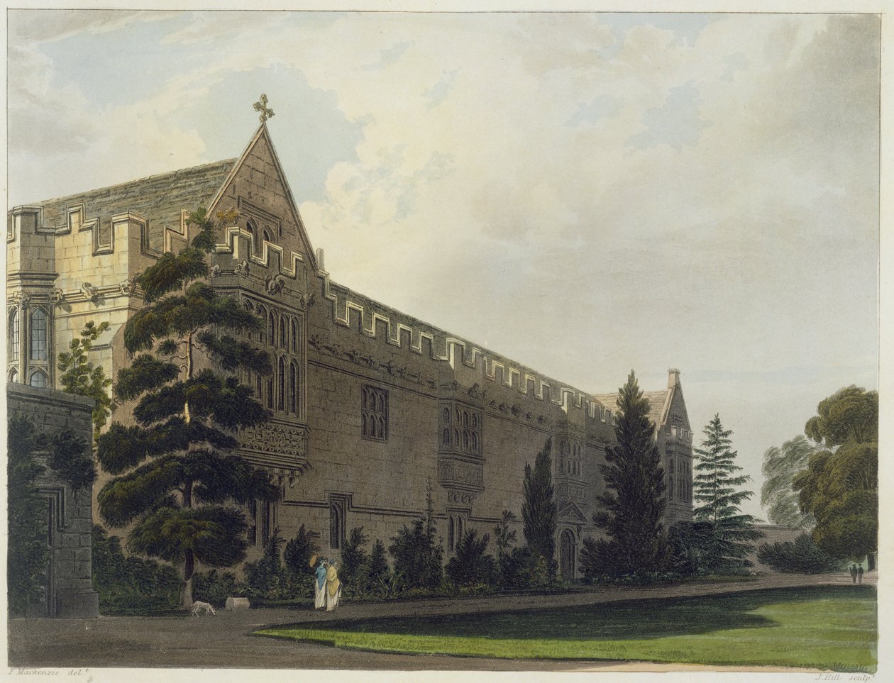 Koleje svatého Jana při pohledu ze zahrady, ilustrace z "Dějin Oxfordu", vyryl J. Hill, vydal R. Ackermann, 1813 (akvatinta) od Frederick Mackenzie