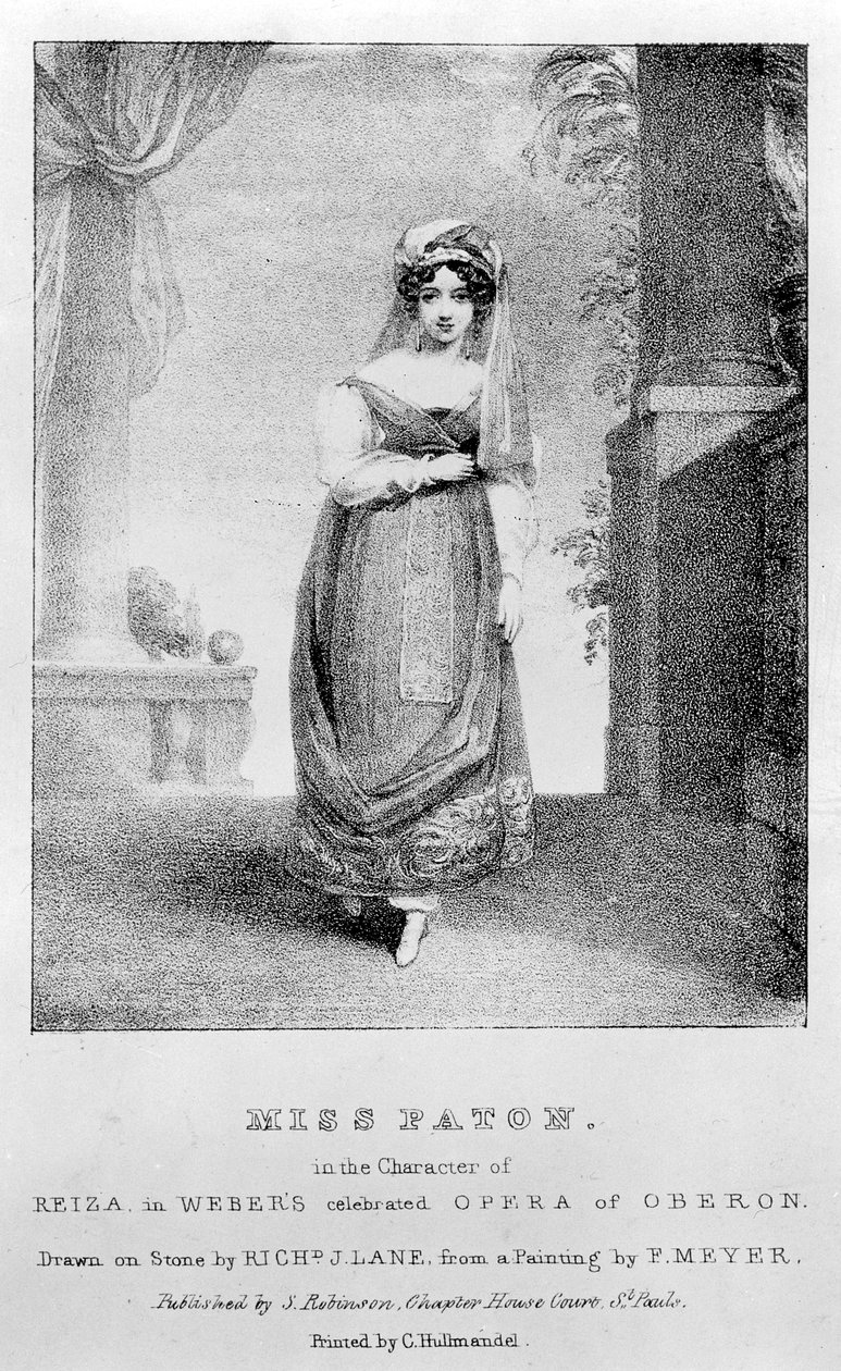 Mary Ann Paton jako Reiza ve Weberově „Oberon“, vyrytý Richardem Jamesem Laneem, kolem roku 1826 od Frederick Meyer