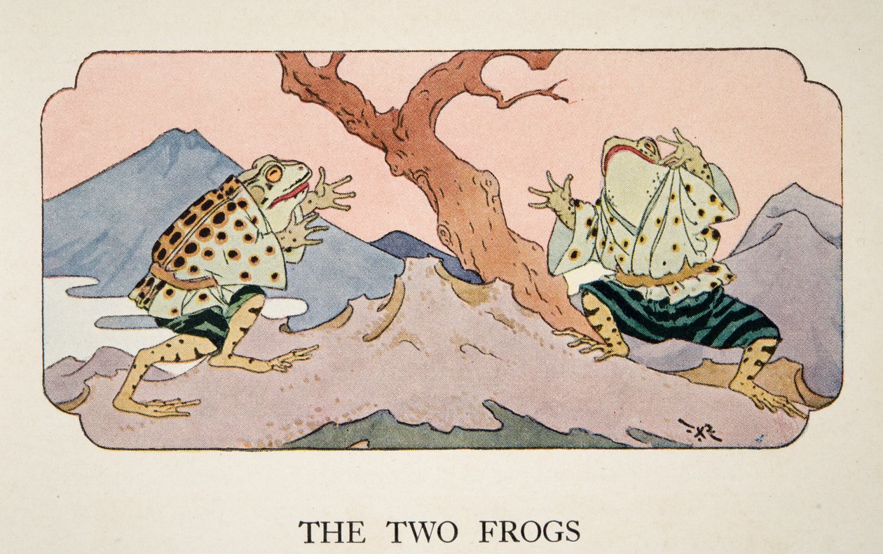 The Two Frogs, ilustrace z Little Peaching and Other Tales of Old Japan, c. 1928 od Frederick Richardson